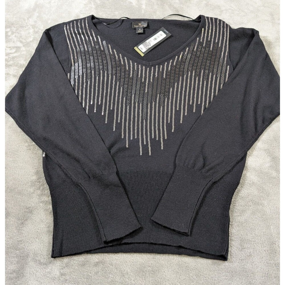 Worthington Top Womens S Black Sequin Knit Long Sleeve Pullover Party Holiday - Picture 7 of 9